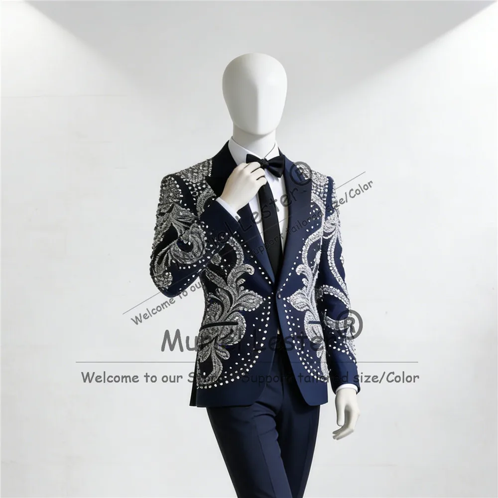 

Мужской костюм класса люкс с бриллиантами и бисером для свадьбы, однобортный пиджак и брюки, комплект из 2 предметов, смокинг для жениха, индивидуальный пошив, мужская одежда 2026