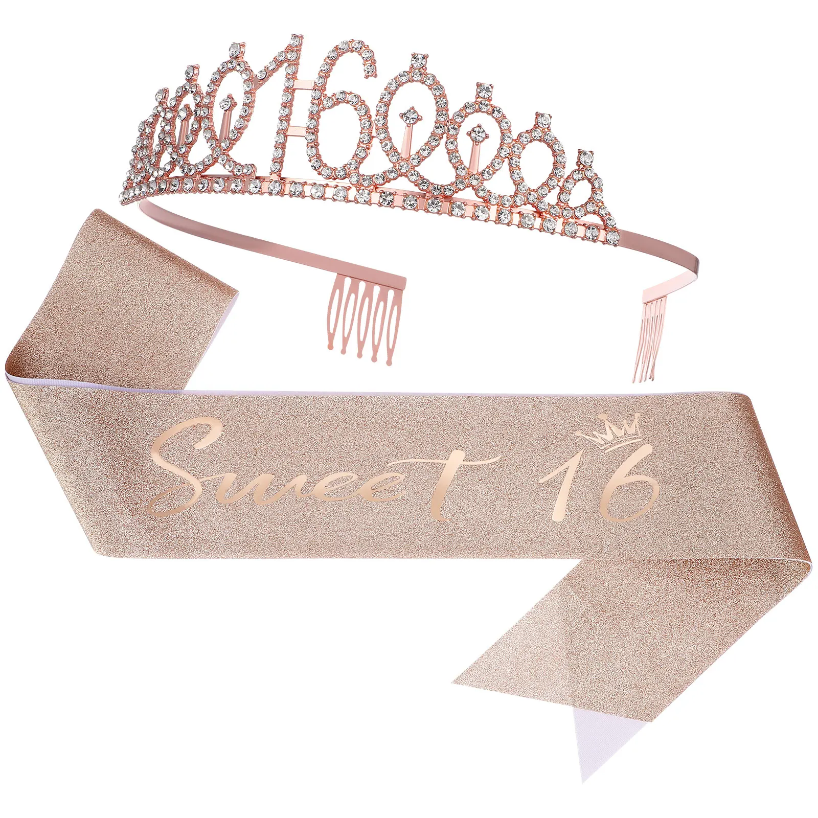 

Rhinestone Headband Crown Sash Set Birthday Adult Woman Decorations Elegant Tiara Adjustable Secure Fit Shoulder Strap