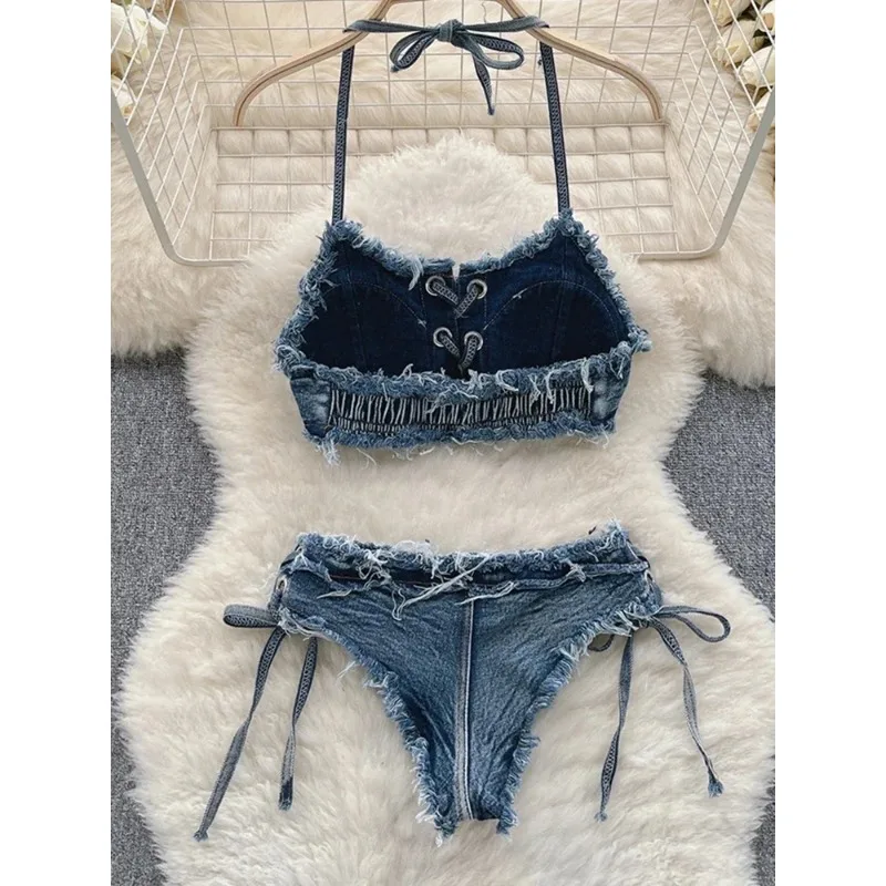 OIINAA Bathing Suit Women Sexy Denim Suits Bikini Set Lace Up Drawstring Beachwear 2025 Solid Summer Vintage Two-pieces Swimwear - Image 2