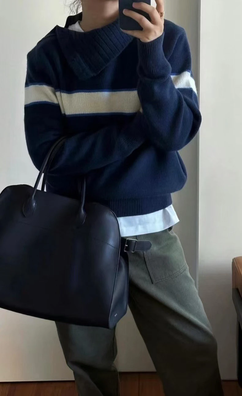 

Autumn Winter Knitted Long Sve Collared Top with Side Buttons PREON Workwear Loose Fit Wool Blend High Ne Regular Thin