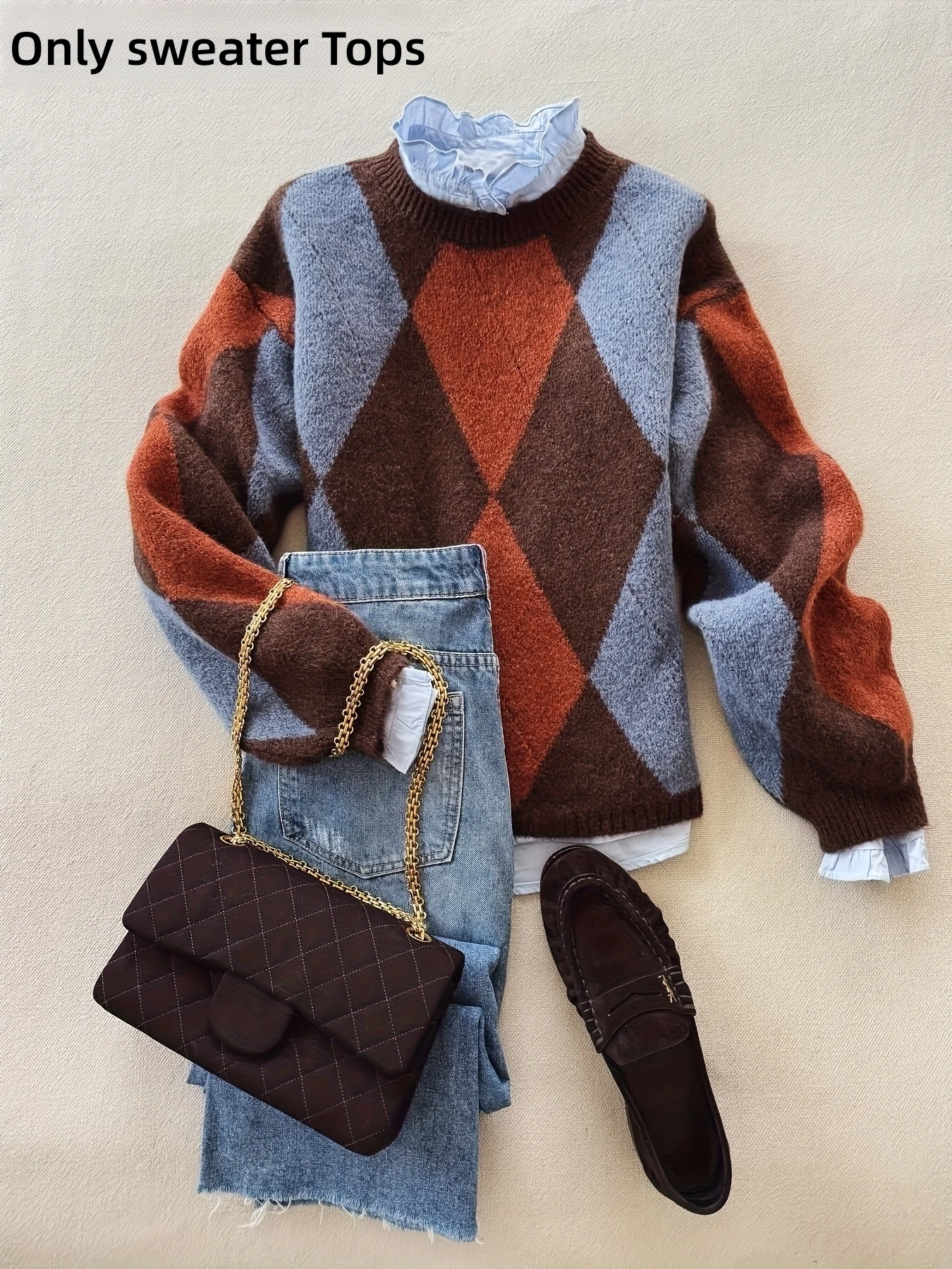 Classic diamond plaid contrast color pullover sweater, fashionable women's tops, popular wool soft knitting