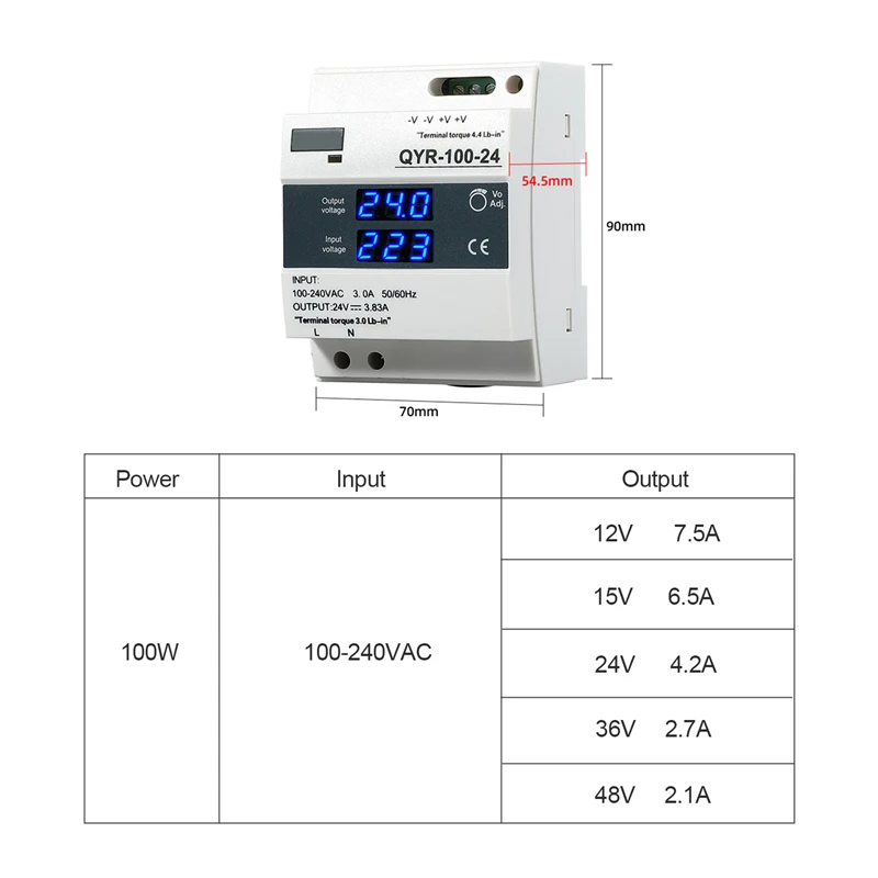 Imagem -02 - Fonte de Alimentação de Comutação com Display Proteção Múltipla Trilho Montado ca cc 12v 15v 24v 36v 48v Smps Psu 100w Qyr100