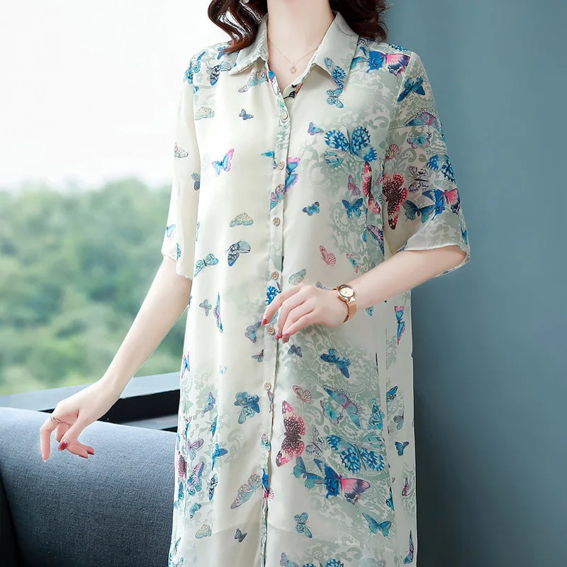 Summer New POLO Collar Fashion Short Sleeve Shirt Women High Street Casual Loose Button Cardigan Printing Mid-length Chic Tops