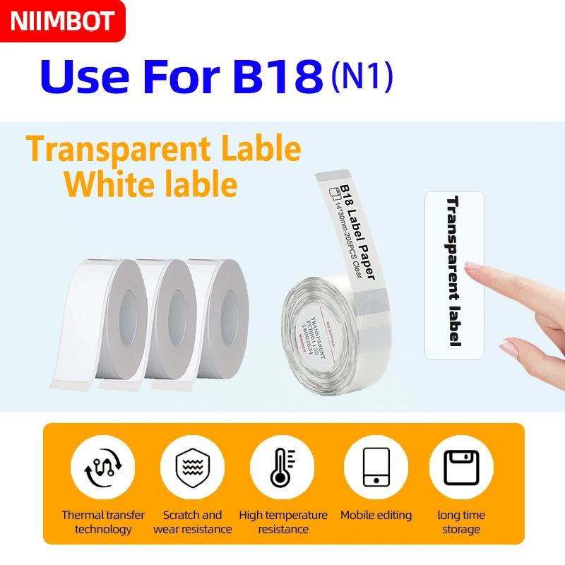 Niimbot B18/N1 карбоновая лента, прозрачная/белая/этикетка, наклейка, кодирующая машина для супермаркетов, бумага для печати Niimbot B18/N1 карбоновая лента, прозрачная/белая/этикетка, наклейка, кодирующая машина для супермаркетов, бумага для печати