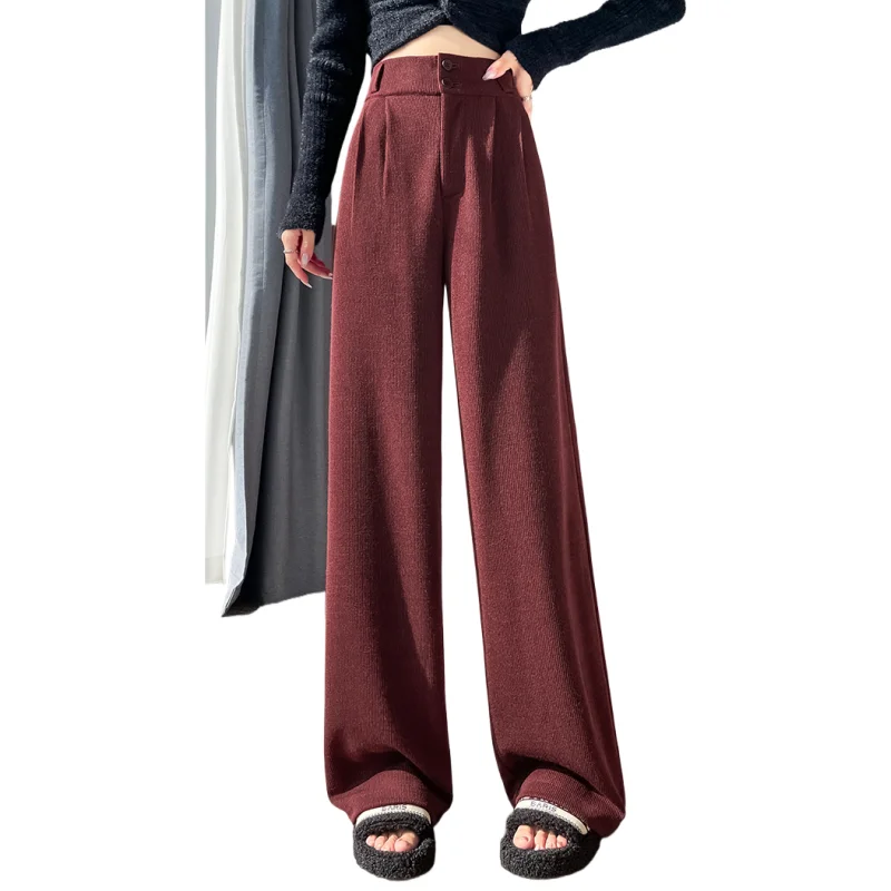 High Waist Autumn Winter Velvet Women's Wide Leg Pants 2025 New Buttons Casual Loose Solid Korean Full Length Trousers Female