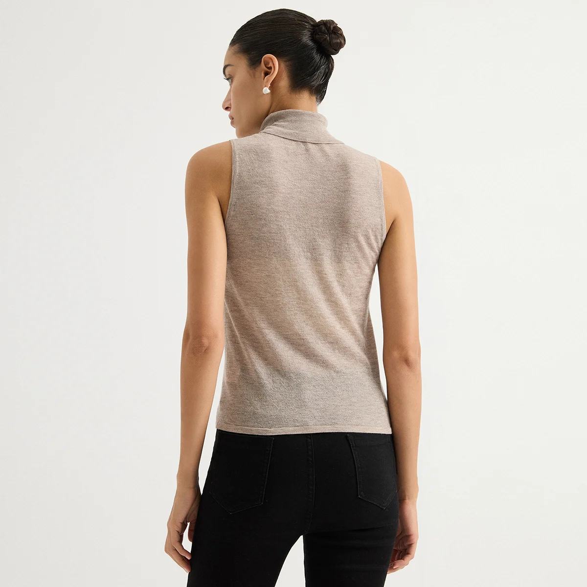 BD3621703 Women's High Neck Sleeveless Knit Vest Fine Wool Blend Metallic Chain Trim Quiet Luxury Layering Early Autumn Fall