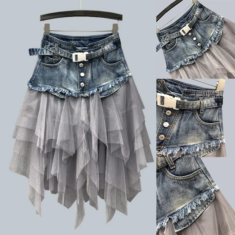 NEW Women Denim Mesh Patchwork Lace Skirt High Waist A Line Asymmetric Frill Tulle Gothic Chic Skirts