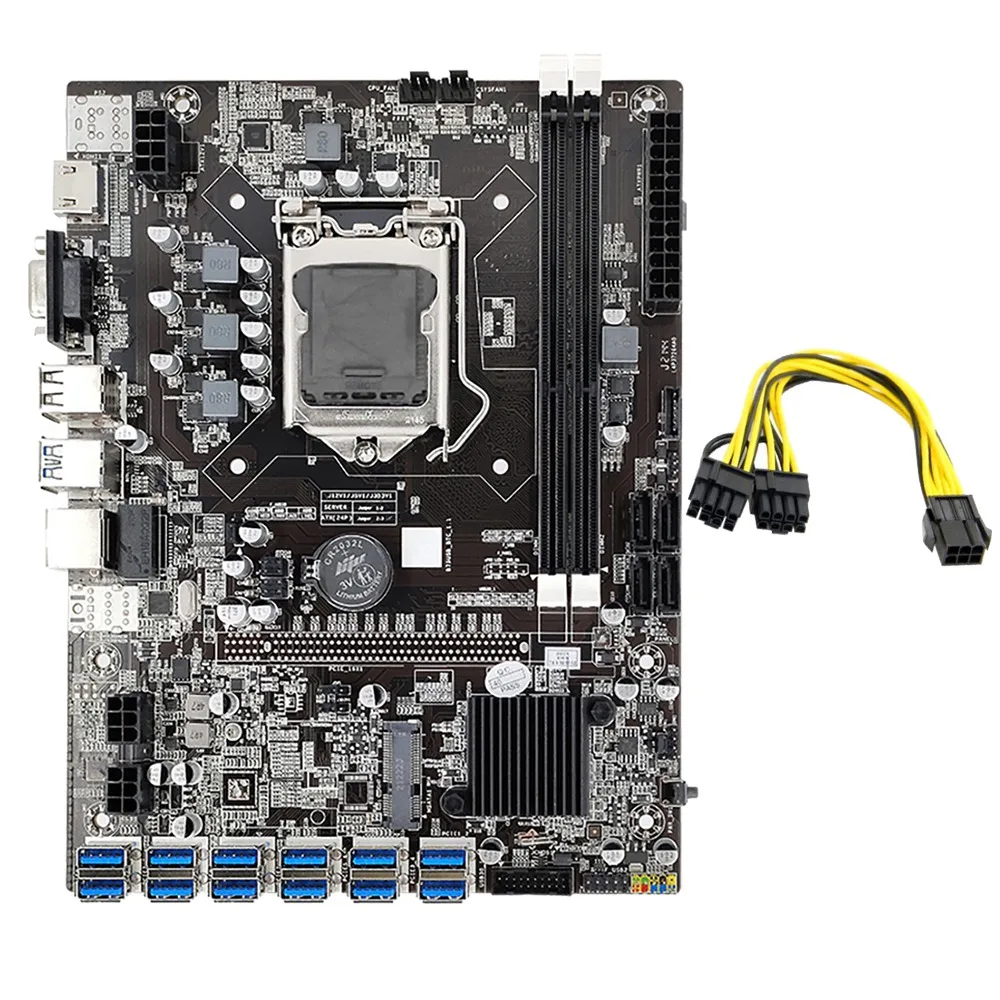 

B75 BTC Mining Motherboard 12 USB3.0 to PCIE 1X GPU Slot LGA1155 DDR3 DIMM RAM SATA3.0 with 6 Pin to 8 Pin Power Cable