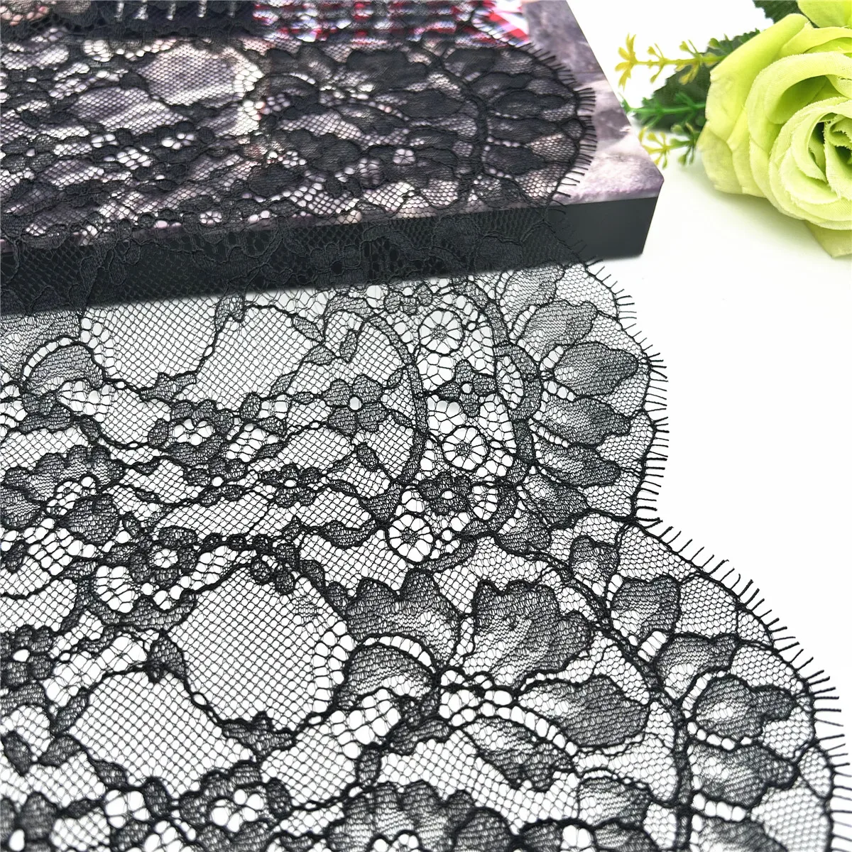 3M/lot Width 22.50cm 8 7/8in Black Eyelash Lace Trim No-Elastic Clothing Accessories Dress Sewing Applique Costume Lace Fabric