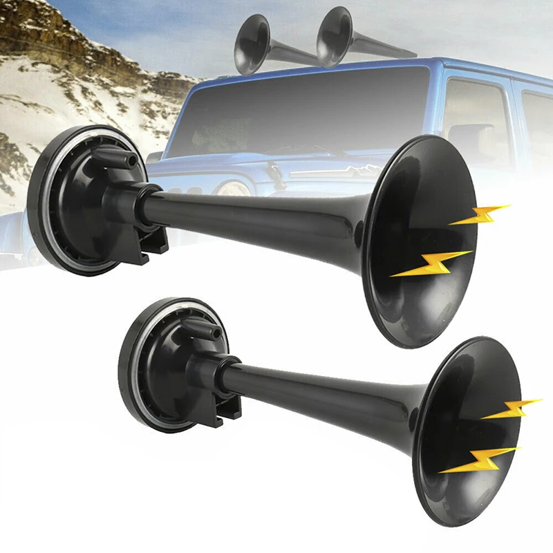 2PCS Black Air Horn Dual Trumpet Air Pump Air Horn Pipe Car Truck Train Boat