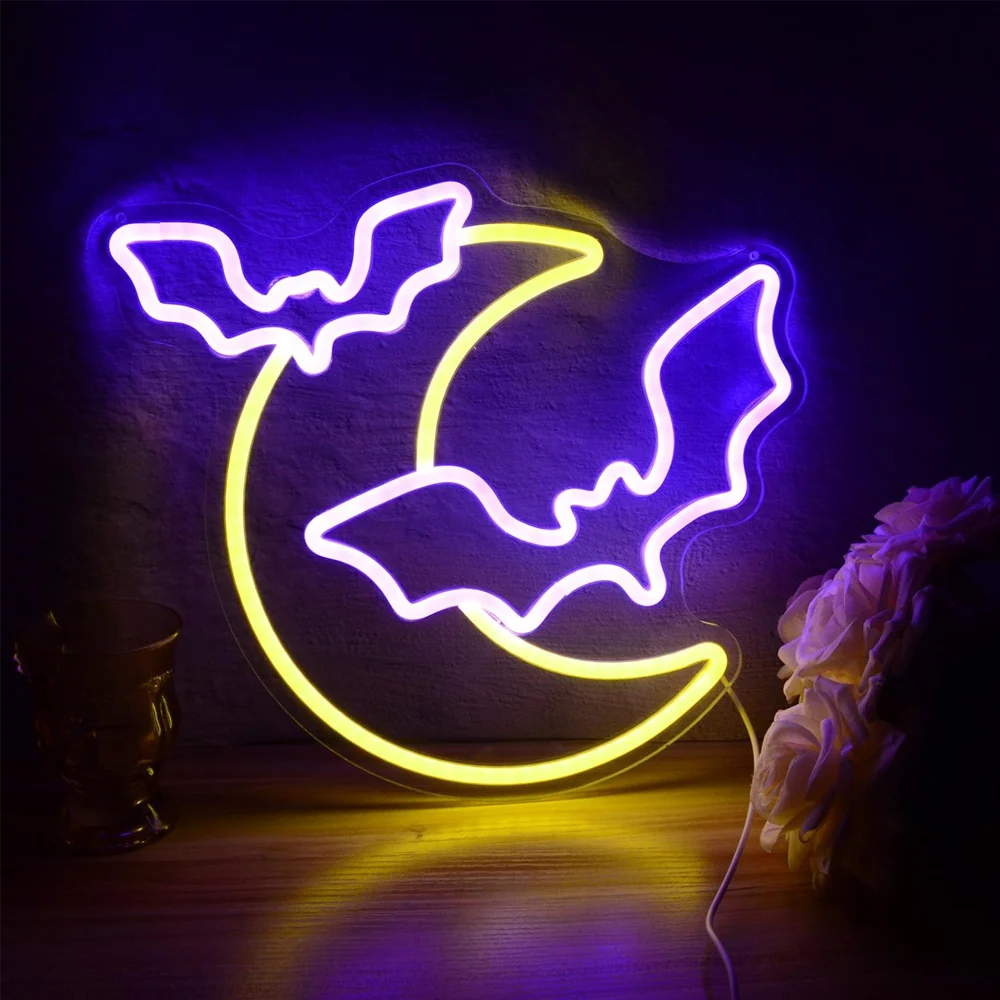 Decoraciones de Halloween, letreros de neón, luz LED de luna y murciélago, fiesta de Halloween con luz de neón, lámpara de neón gótica con alimentación USB para decoración de pared