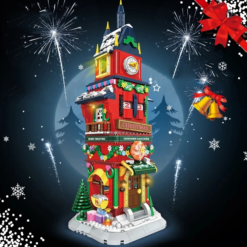 2023 City Creativity Winter Village Christmas Eve Count Down Tower Model Building Blocks Bricks Kids Toys Christmas Gift