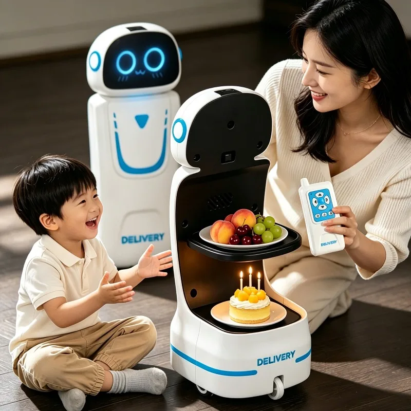 RC Delivery Robot Toy Remote Control Serving Robot Light Sound Effect RC Robots Educational Interactive Toy Gift for Boys Girls