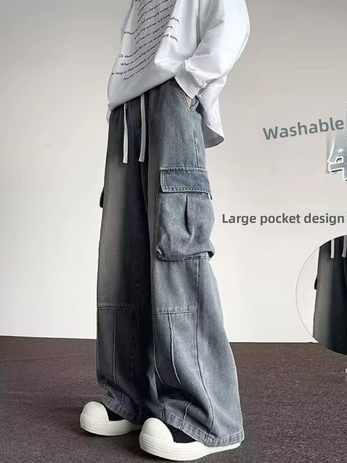 

American High Street Large ket Jeans Men's Loose Wide Leg Pants Autumn Winter Waed Workwear Long Trousers Casual Sle