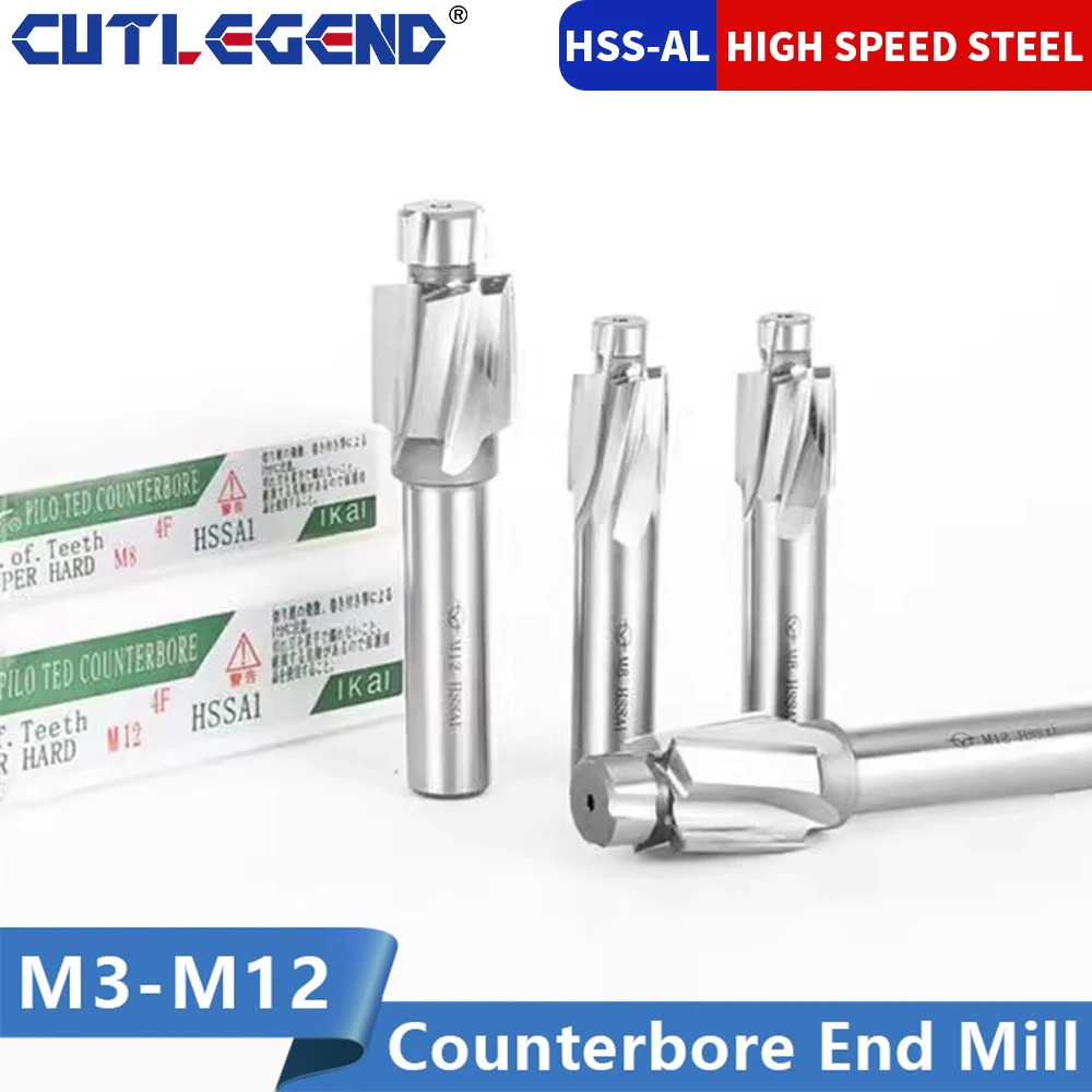 Piloted Counterbore Cutter HSS Flat Bolt Hole Cap Screw Countersink Milling Tool 4 Flutes Pilot M3 M4 M5 Spot Router Slot Drill