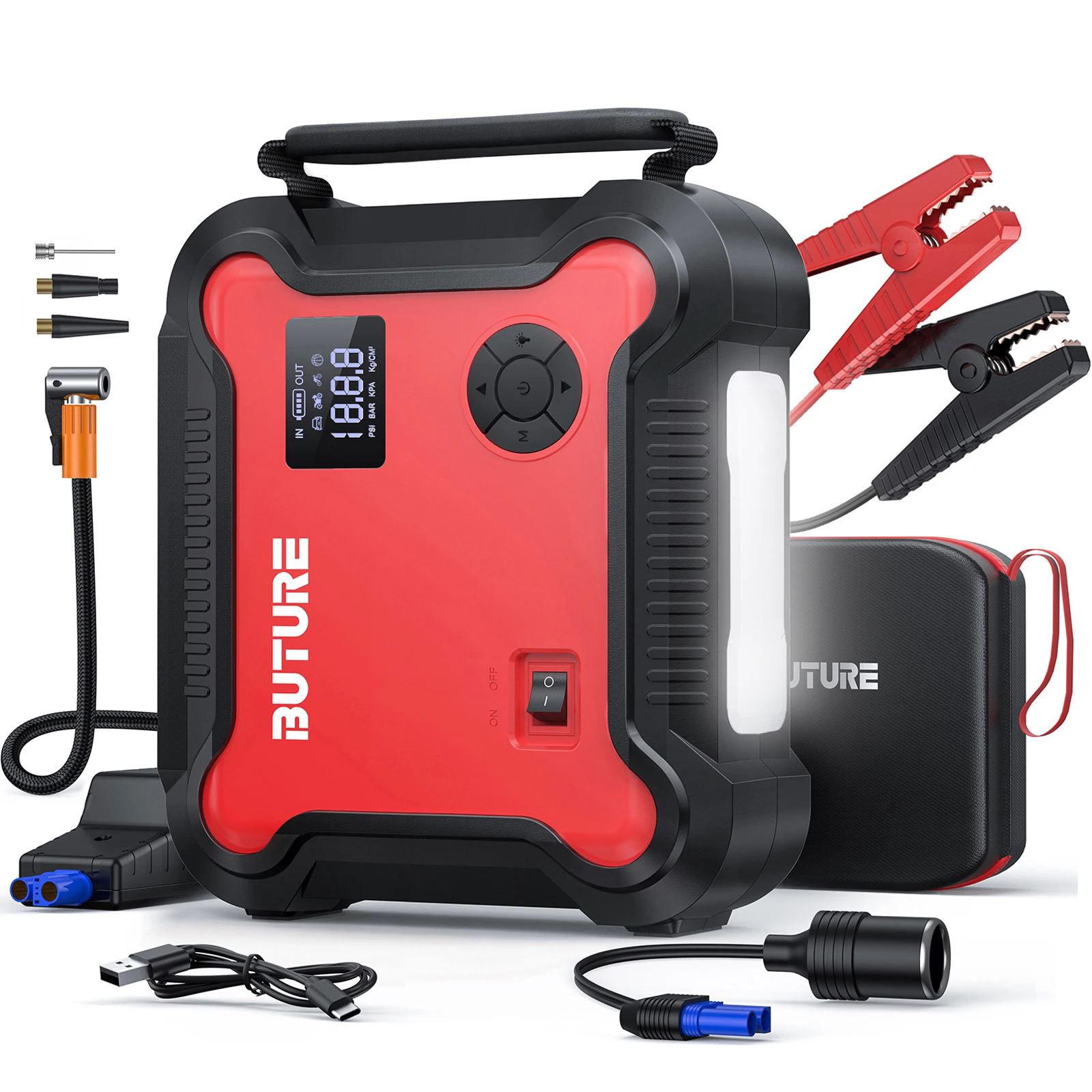 BUTURE Jump Starter 4 in 1 Pump Air Compressor 3000A Power Bank 12V Digital Tire Inflator 150PSI Emergency Battery Boost