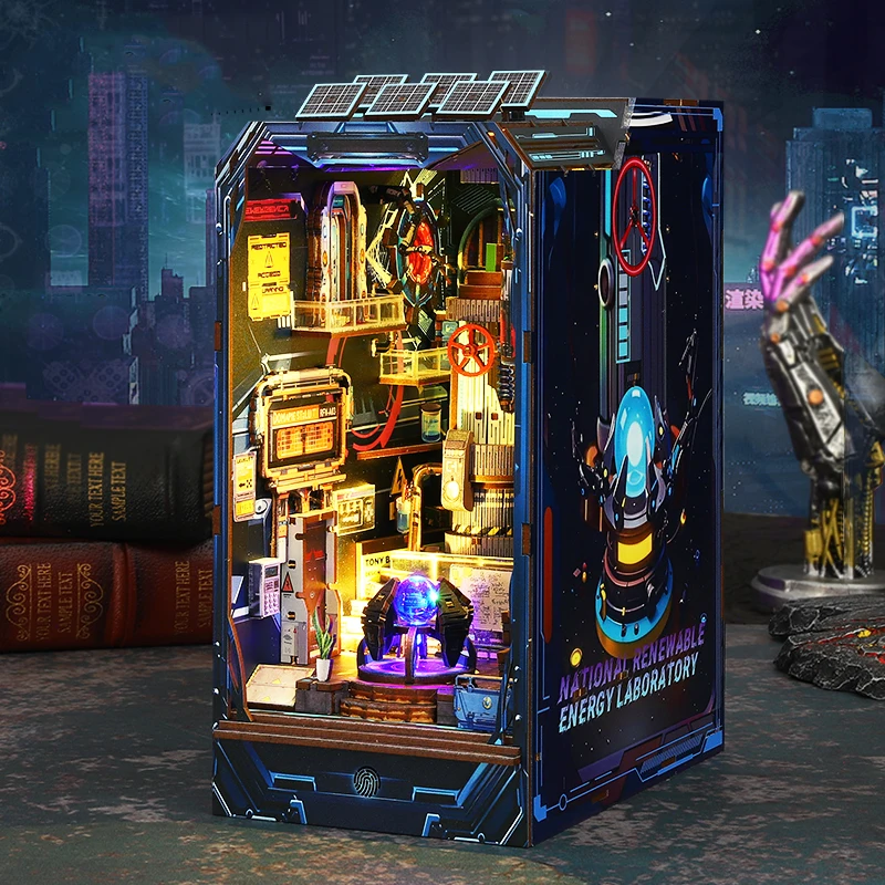 Diy livro de madeira nook prateleira inserção kit laboratório energia kits modelo em miniatura estante com luz estante para amigos presentes