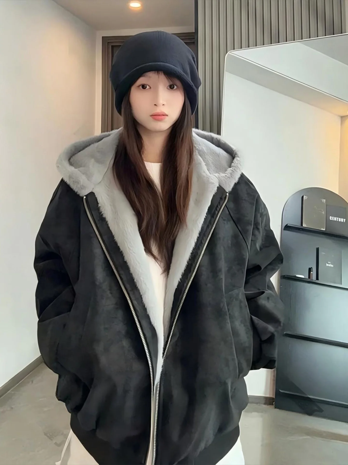 

Bla PU Leather Men's Winter Jaet Thiened Cotton Coat with Fur Collar Stand Fit Casual Warm Long Sve Hoodie Coat