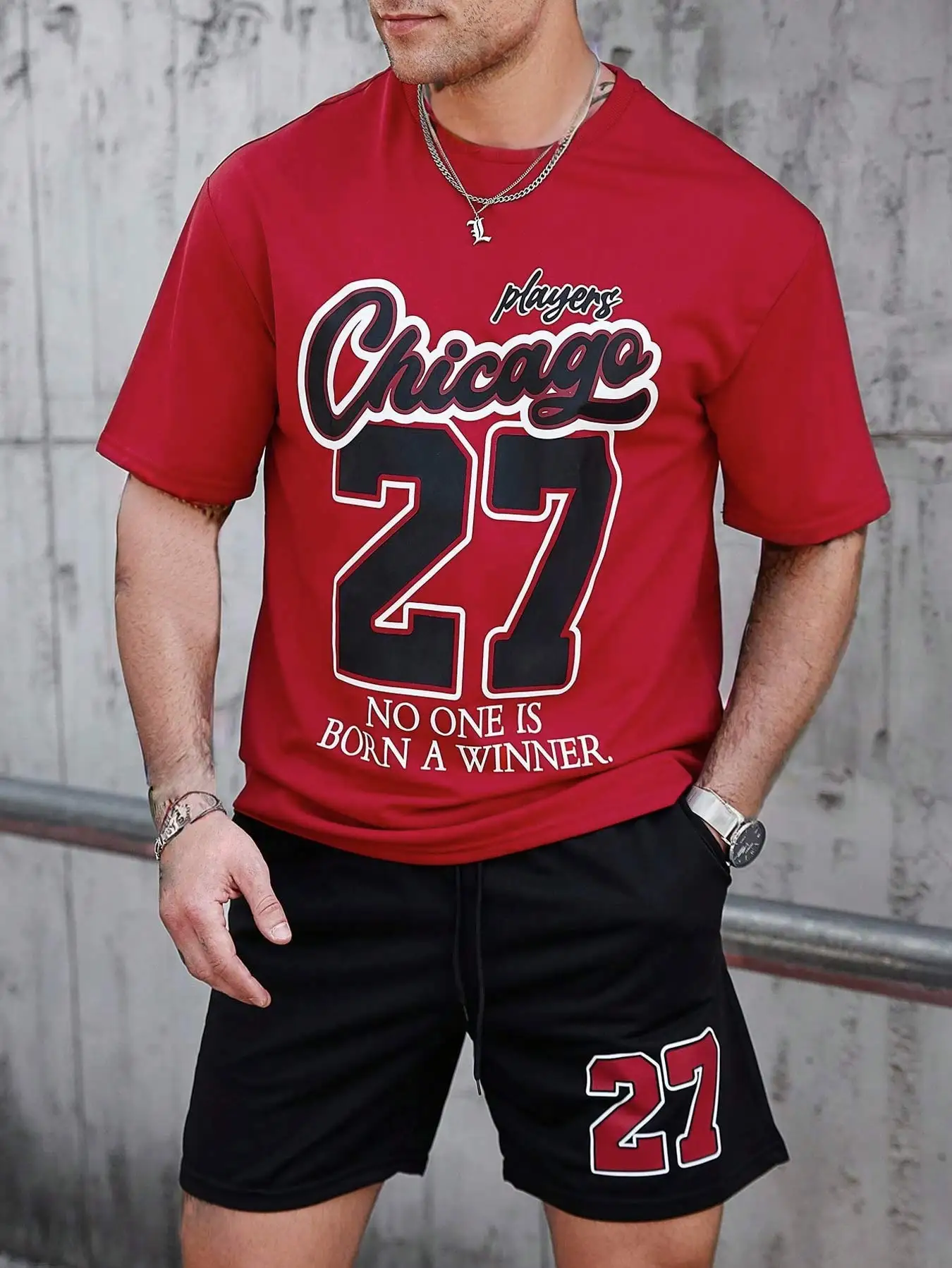 

Men's Set Summer Chicago Letter Number Print Basketball Drawstring Shorts Color Block Short Sleeve Casual Sweat Wicking Outfit
