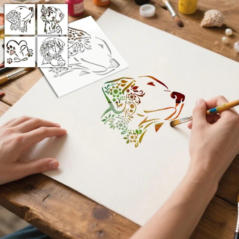 YOMDID 4 قطعة لوحة تحت عنوان الكلب مجوفة قالب PET قابل لإعادة الاستخدام DIY جميل الكلب رذاذ اللوحة الكتابة على الجدران قالب الديكور
