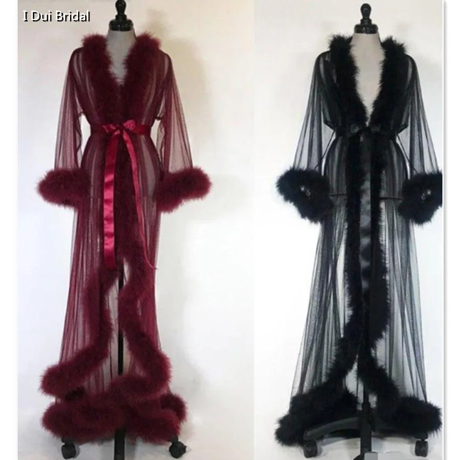 Um Robe De Penas De Noiva De Linha Com Cinto De Faixa, Manga Comprida, Pijamas De Ilusão, Lingerie Sexy, Birthday Wear, Vestido Boudoir