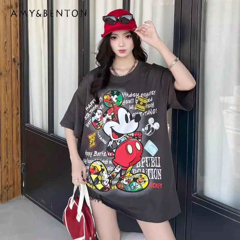 

Korean-style Fashion Trendy American Retro Cartoon Short-sleeves T-shirt Loose Casual Versatile Top Round-neck Pullover Ladies
