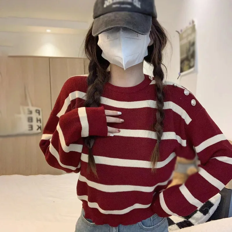 Women\'s Sweater Stripe Color Contrast Long Sleeves Sweater Retro O Neck Casual and Fashion Pullovers