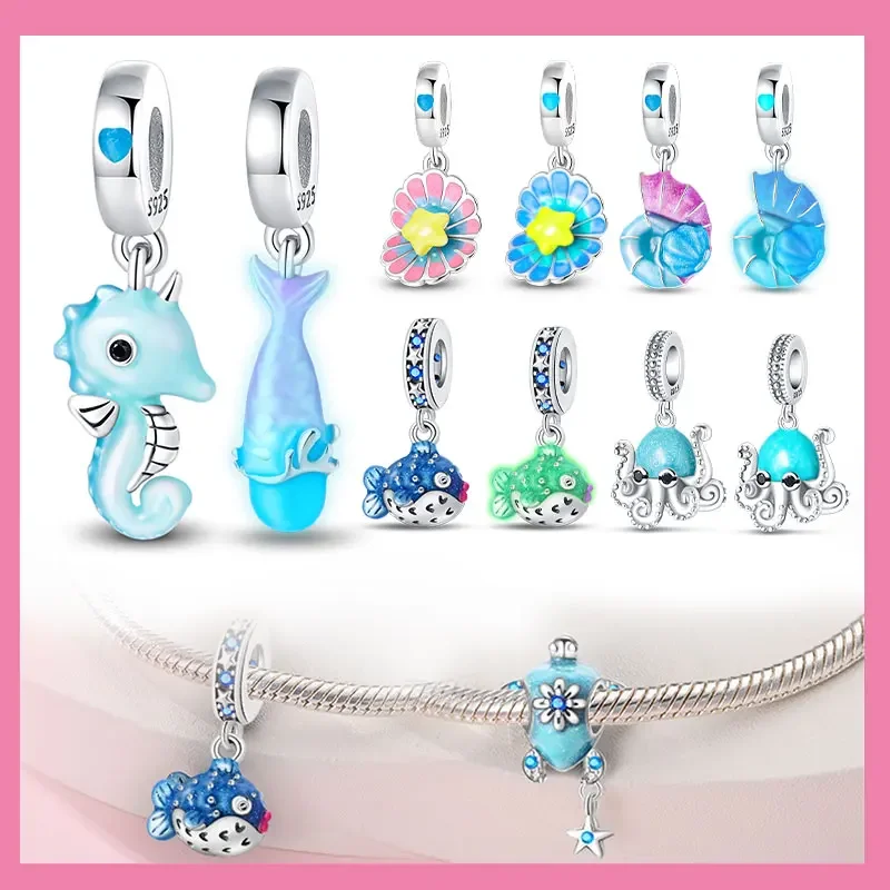 

Серебро 925, черепаха, дельфин, рыбий хвост, ракушка, морские лошадки, осьминог, светящиеся подвески, бусины, подходят для оригинальных браслетов, ювелирные изделия своими руками, подарок