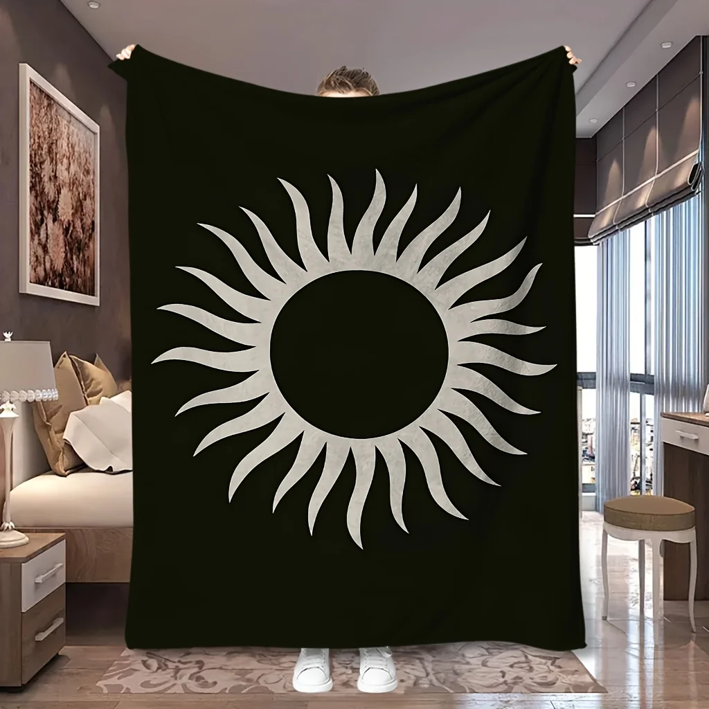 1pc Black Background White Sun Symbol Print Flannel Blanket, Comfortable And Skin-Friendly All-Season Blanket, Suitable for Blan