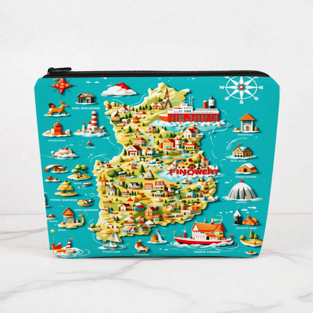 Colorful Map With Icons And Landmarks Makeup Bags for Girls Cosmetic Pouch Toiletry Bag Pencil Case Travel Storage