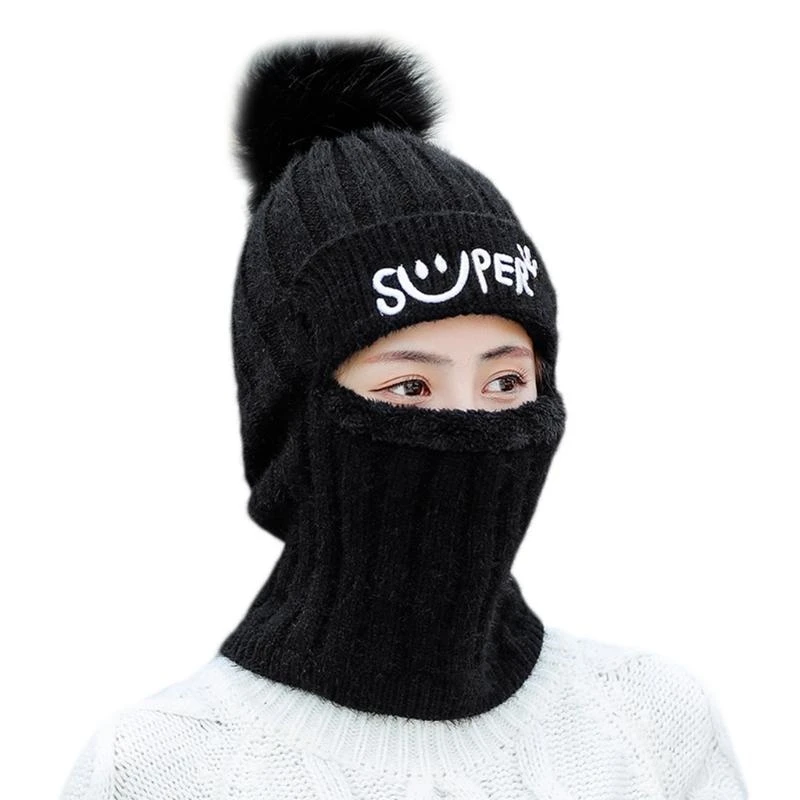 النساء الشتاء قبعة صغيرة محبوكة بالاكلافا قبعة رسائل التطريز فو صوف مبطن سستة قناع الوجه الرقبة أدفأ في الهواء الطلق التزلج