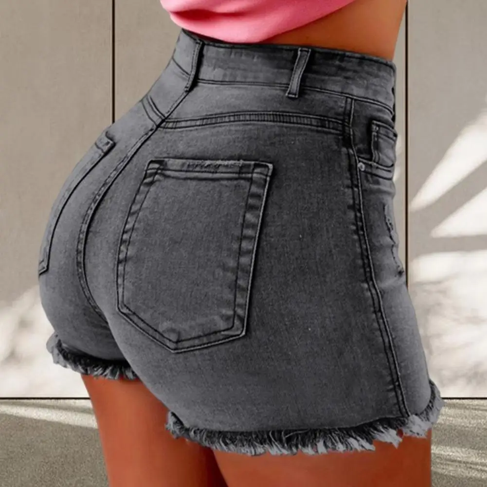 Summer Women Shorts High Waist Washed Retro Distressed Ripped Edge Solid Color Butt-lifted Side Pockets Casual Club Short Pants