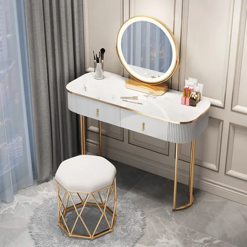 

Nordic Style Modern Minimalist Bedroom Furniture Dresser With LED Mirror Light Luxury Paint Non-slip Makeup Tables With Drawers