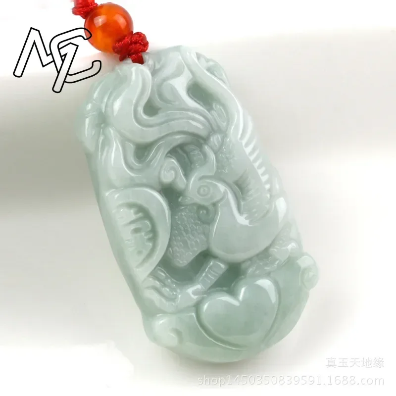 A Pair Natural Emerald Dragon Phoenix Pendant Necklace Charm Jewellery Fashion Hand-Carved Man Woman Luck Amulet Free rope