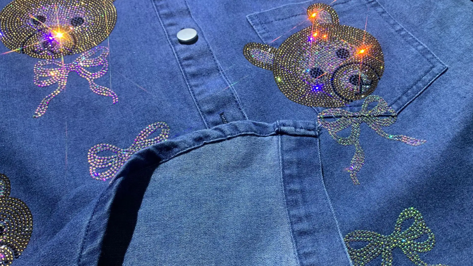 Loose Denim Suit Hot Diamond Short Sleeve Shirt and Elastic Waist Wide Leg Pants Two-piece Sets Women's Outfits