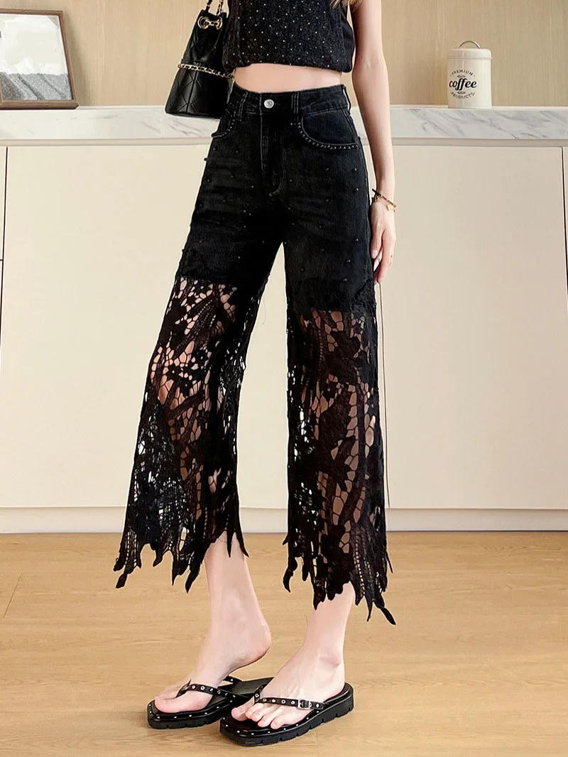 Fashionable Lace Spliced Hollow Out Cropped Pants Women Summer Retro Beading High Waist Straight Jeans Thin Casual Female Pants