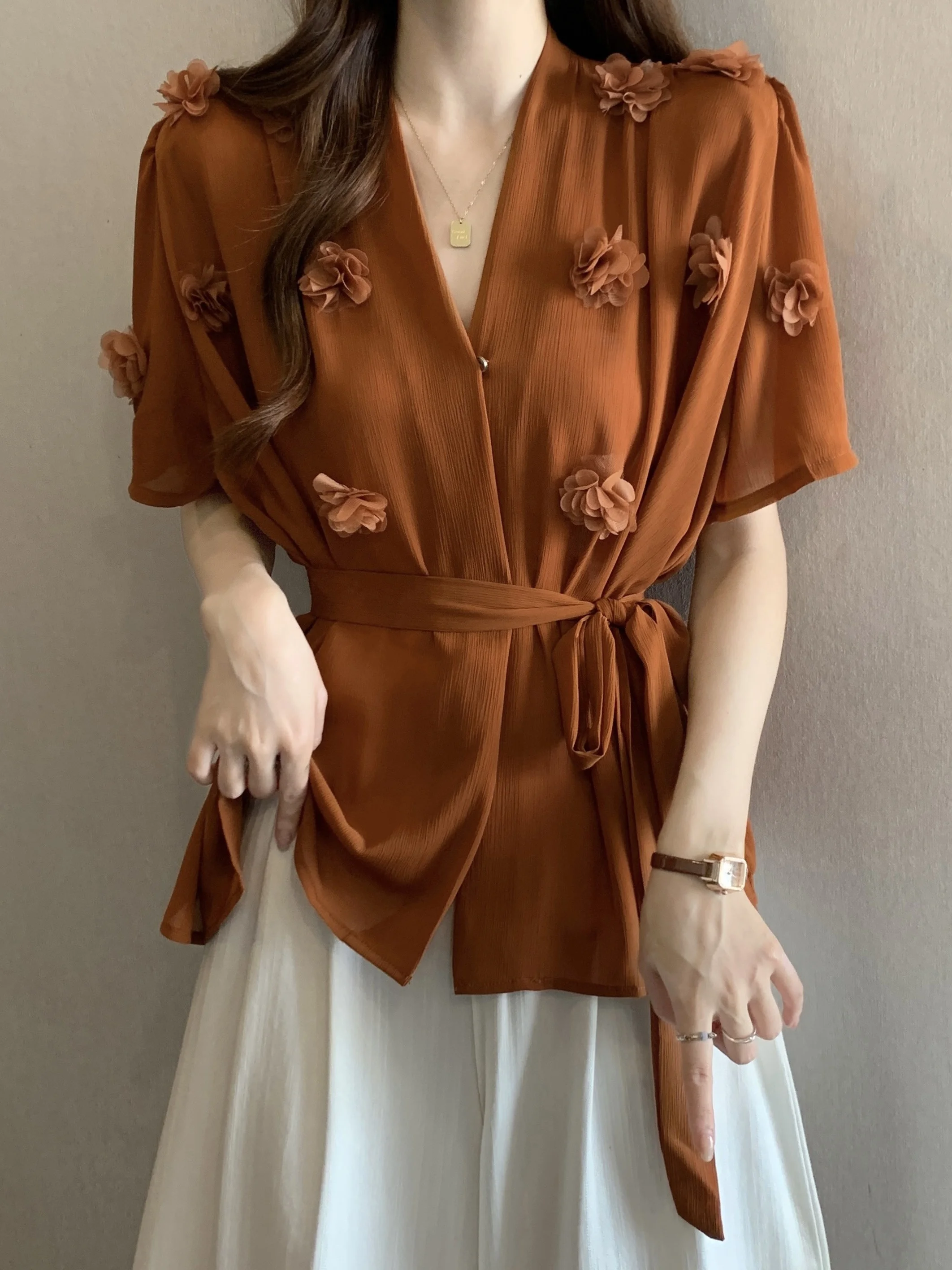 

Orange Pumpkin Short Sleeve V-neck Women's Shirt Korean Style Loose Fit Commute Fashion Summer New Arrival Waist-cinching
