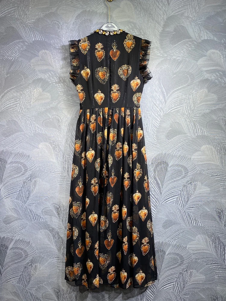 DLDENGHAN Summer Long Dress Women\'s Stand Collar Sleeveless Diamonds Love Print Vintage Dresses Fashion Designer New