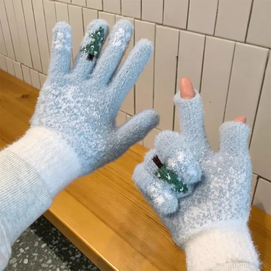 1 pair of women's gloves, winter finger thickened warm cute student cold-proof touch screen, snowflake Christmas tree gloves