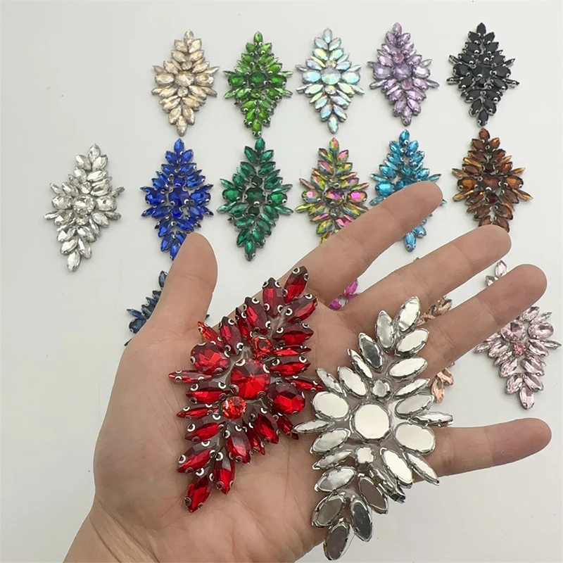 Glass Beaded Rhinestone Applique Handmade Iron On Rhinestone Patch Floral Clothes Decor Crystal Appliques Wedding Bridal Dress
