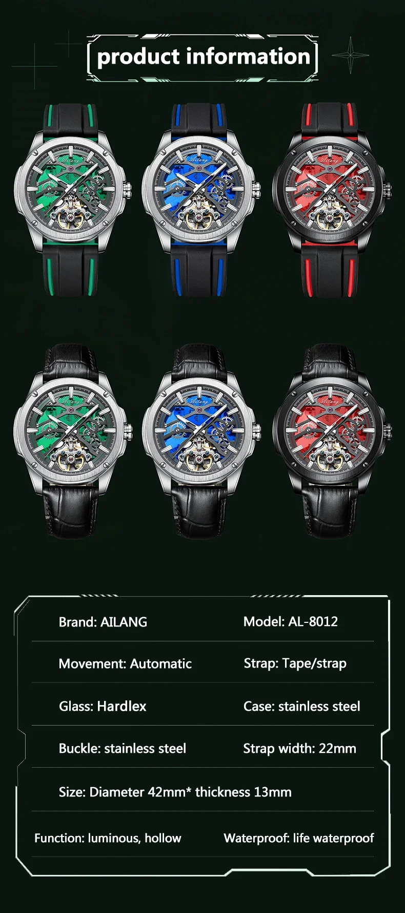 Ailang automatische mechanische Herrenuhr, hohl, leuchtend, Freizeit, Mode, Luxus, Tourbillon-Uhr, wasserdicht, neu. – Detail 6
