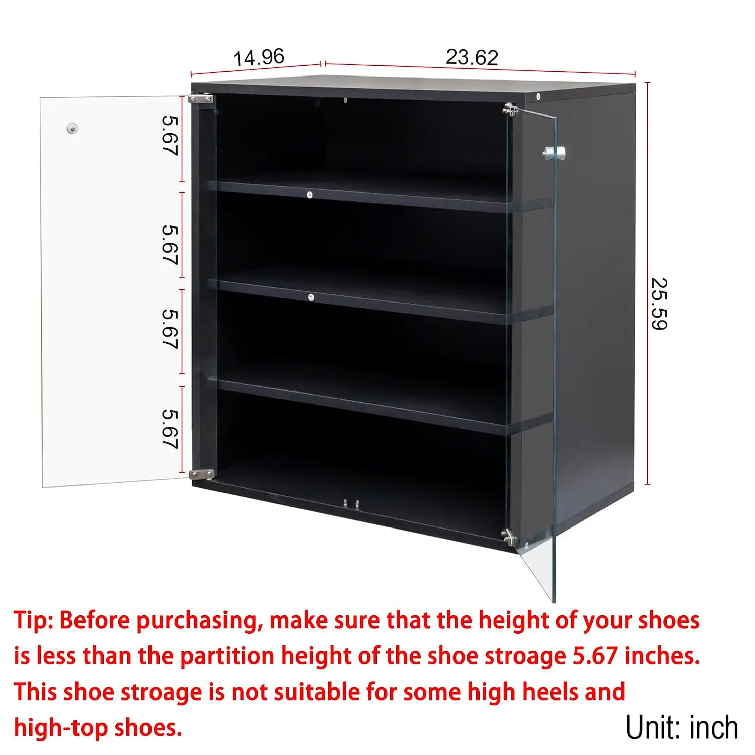 Shoe Storage Cabinet LED Light 12 Pairs 4 Layer Glass Door Clear Display Wooden Rack Space Saving Black, Customized