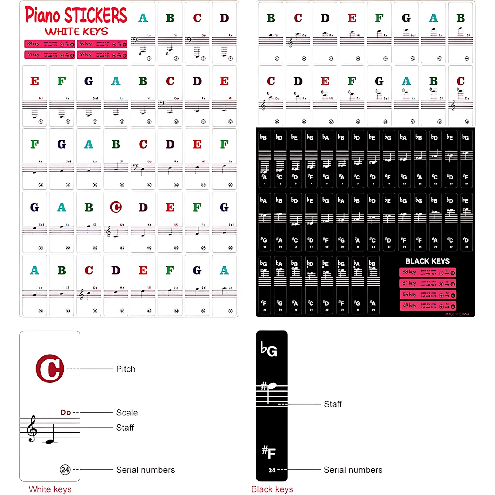 Piano Keyboard Note Stickers 37 49 54 61 88 Keys White Black Removable Electronic Music Labels for Beginners