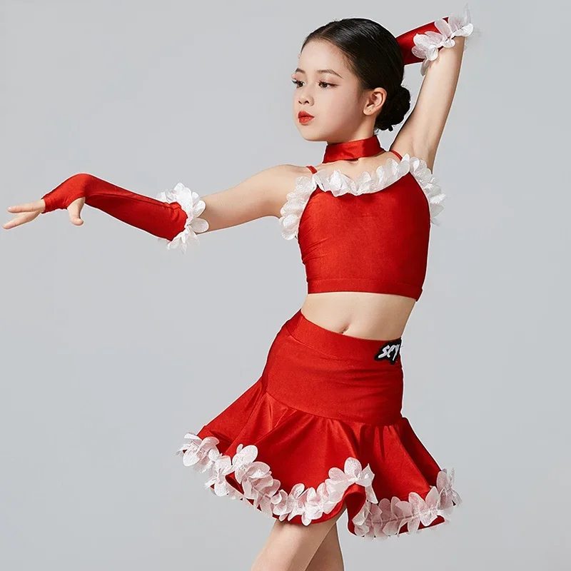 2025 verano niñas traje de baile latino rojo niño ropa de baile profesional niños Chacha Samba Rumba Salsa vestidos de baile XS7938