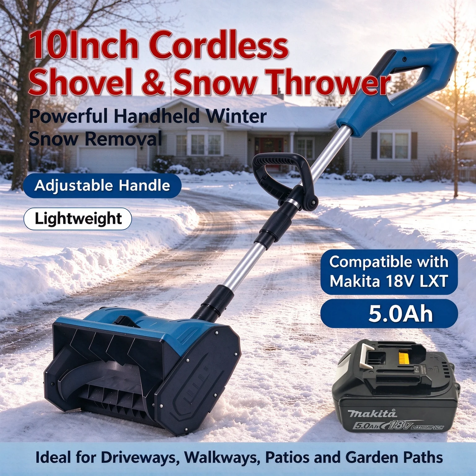 ectric Snow Shovel Cordless 10Inch Snow Thrower For Makita 18V LXT Battery, Adjustable Telescoping Handle, Lightweight Portable