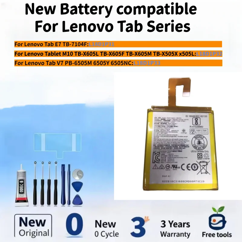 New Battery compatible For Lenovo Tab E7 L18D1P31 / Tablet M10 L18D1P32 / Tab V7 L18D1P33 Tablet Batteries+ Free Tools