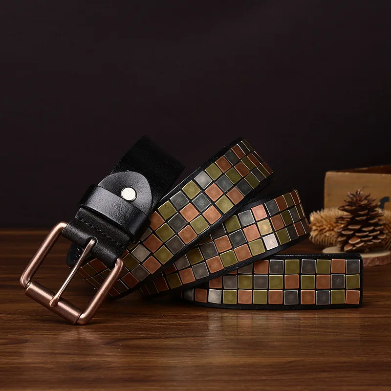 Men's Retro Personalized Trendy Western Style Genuine Leather Cowhide and Metal Inlaid Leather Belts,Man Punk Hiphop Jeans Belt