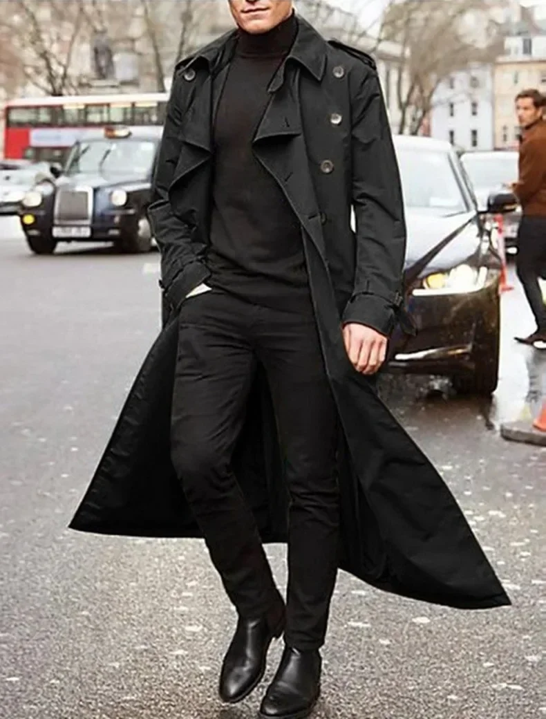 Men's Long Trench Coat Clothing Long Sleeve Loose Autumn Winter Solid Color Button Fashion Coats Trench