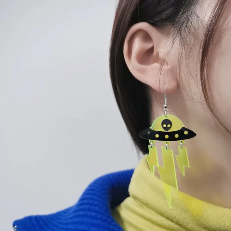 Creative Alien UFO Lightning Acrylic Earrings Funny Women's Earrings Alien Jewelry Spaceship Drop Dangle Space Explorer Gift