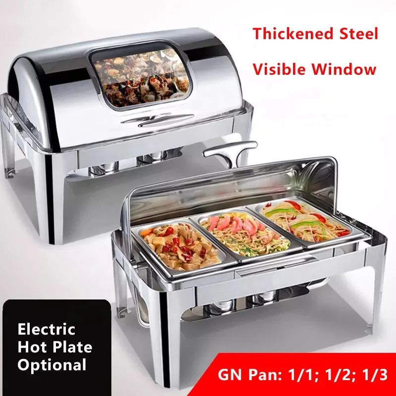 Luxury Rectangular Roll Top Stainless Steel Chafing Dish 9L Large Capacity Fancy Decorative Buffet Set Silver Hotels Restaurants - view 2